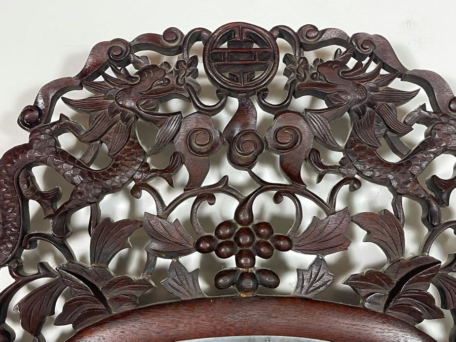 Impressive Chinese Carved Wood Beveled Glass Wall Mirror With Dragon Motif 19.5W X 34H [Photo 9]