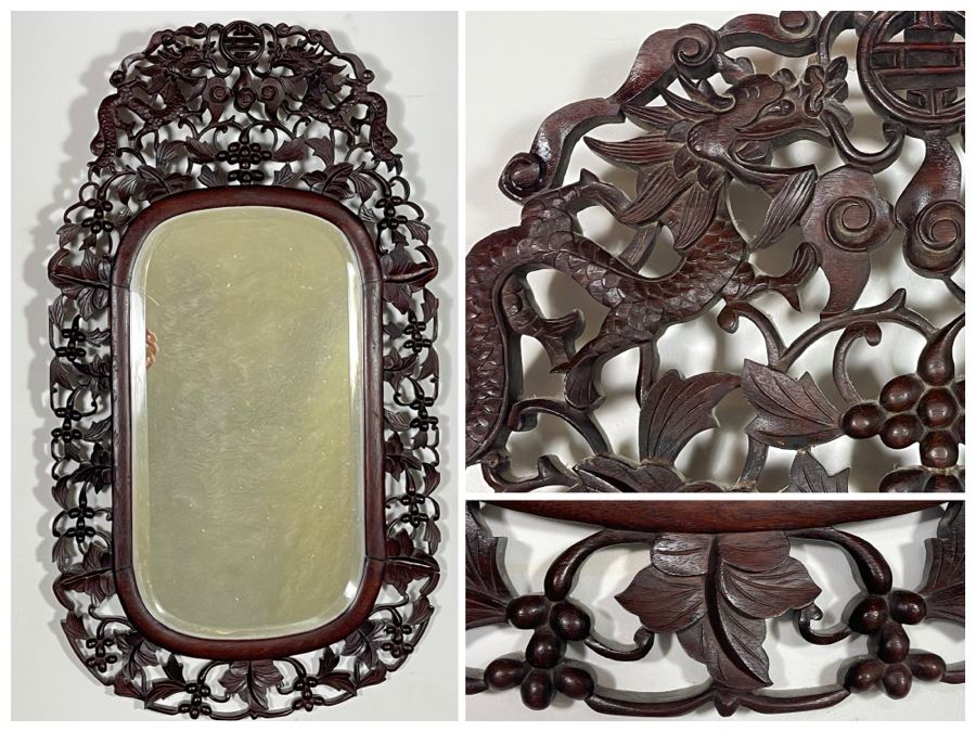 Impressive Chinese Carved Wood Beveled Glass Wall Mirror With Dragon Motif 19.5W X 34H