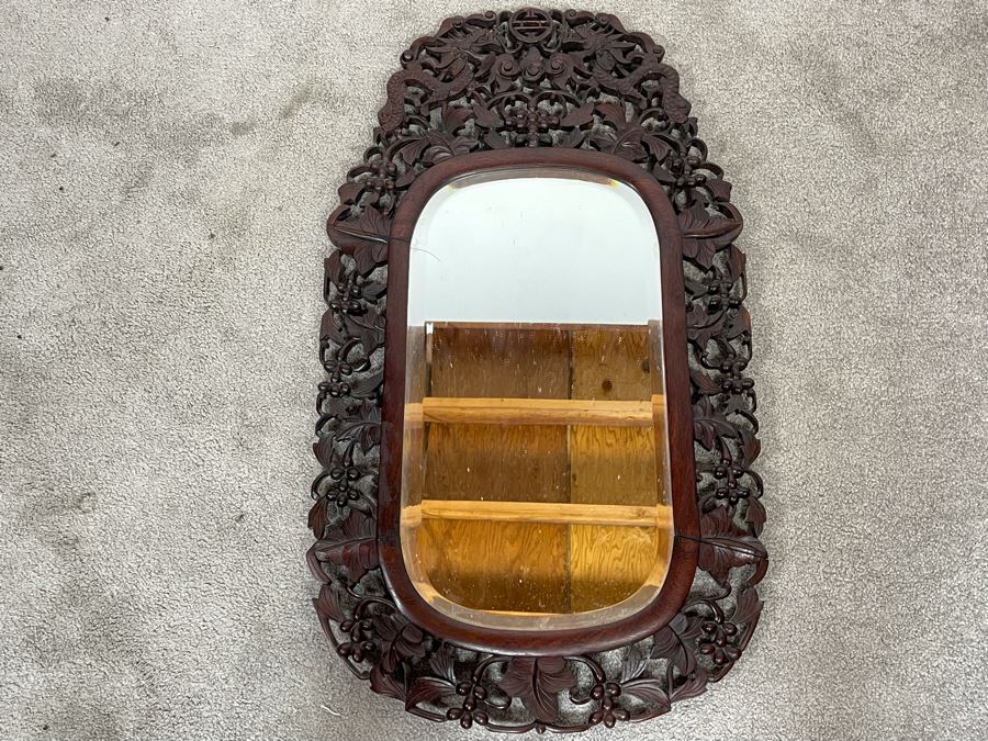 Impressive Chinese Carved Wood Beveled Glass Wall Mirror With Dragon Motif 19.5W X 34H [Photo 14]