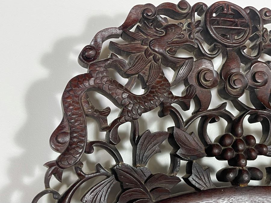 Impressive Chinese Carved Wood Beveled Glass Wall Mirror With Dragon Motif 19.5W X 34H [Photo 8]