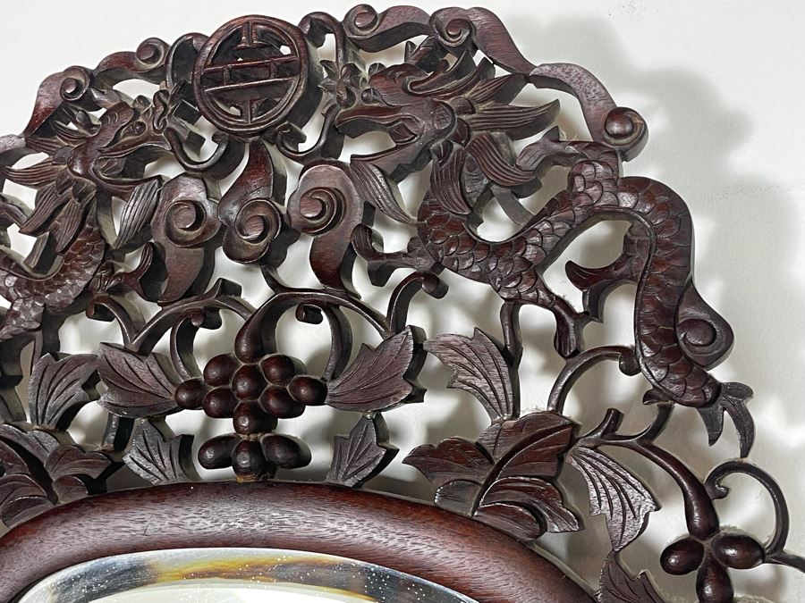 Impressive Chinese Carved Wood Beveled Glass Wall Mirror With Dragon Motif 19.5W X 34H [Photo 10]
