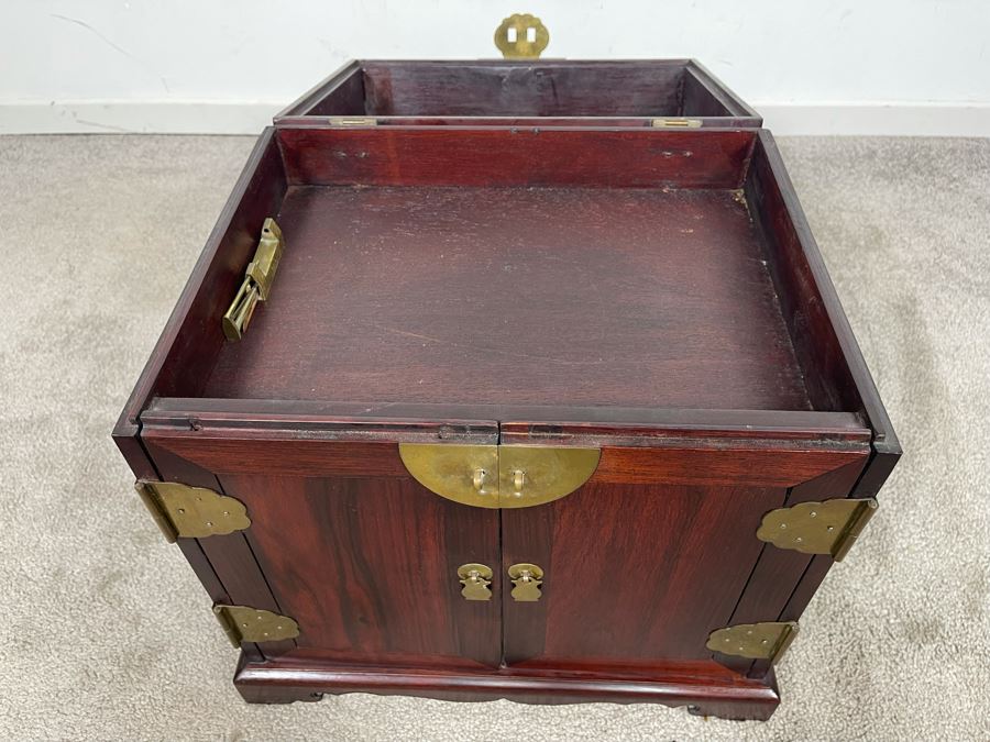 Vintage Chinese Rosewood Lockable Chest Cabinet With Four Internal Drawers And Brass Hardware 15.25W X 12D X 17H - See Photos [Photo 7]