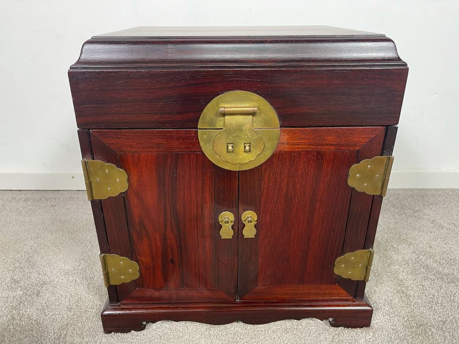 Vintage Chinese Rosewood Lockable Chest Cabinet With Four Internal Drawers And Brass Hardware 15.25W X 12D X 17H - See Photos [Photo 3]