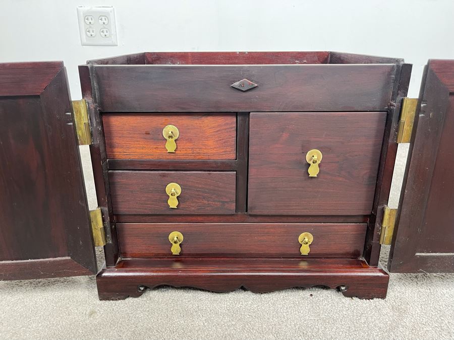Vintage Chinese Rosewood Lockable Chest Cabinet With Four Internal Drawers And Brass Hardware 15.25W X 12D X 17H - See Photos [Photo 10]