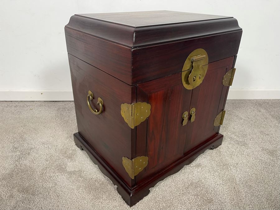 Vintage Chinese Rosewood Lockable Chest Cabinet With Four Internal Drawers And Brass Hardware 15.25W X 12D X 17H - See Photos [Photo 5]