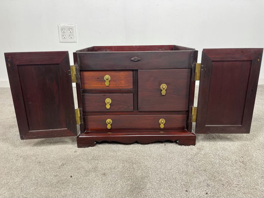 Vintage Chinese Rosewood Lockable Chest Cabinet With Four Internal Drawers And Brass Hardware 15.25W X 12D X 17H - See Photos [Photo 9]