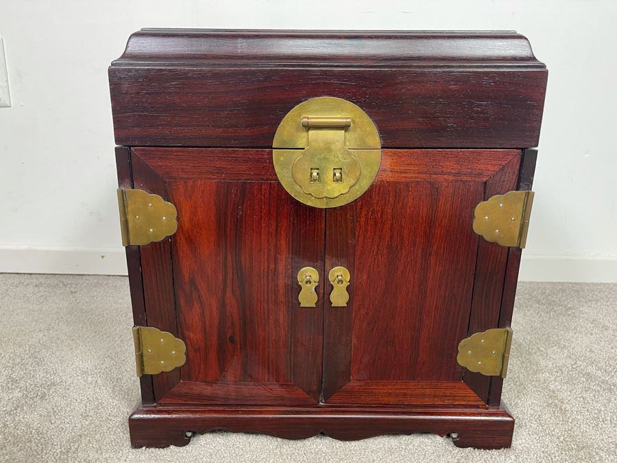 Vintage Chinese Rosewood Lockable Chest Cabinet With Four Internal Drawers And Brass Hardware 15.25W X 12D X 17H - See Photos