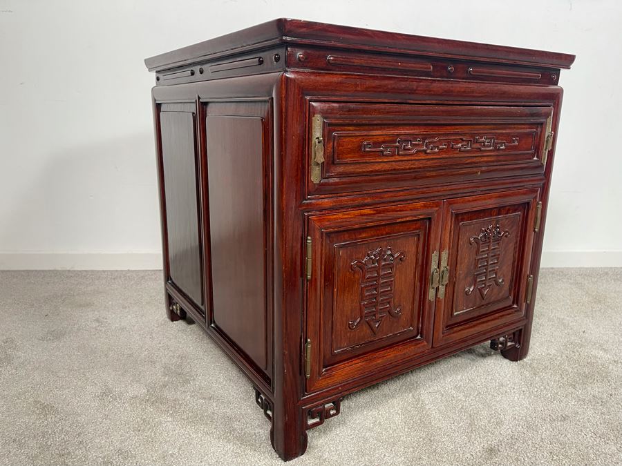 Vintage Chinese Carved Rosewood Square Nightstand Side Table Cabinet 22W X 22D X 22H [Photo 7]
