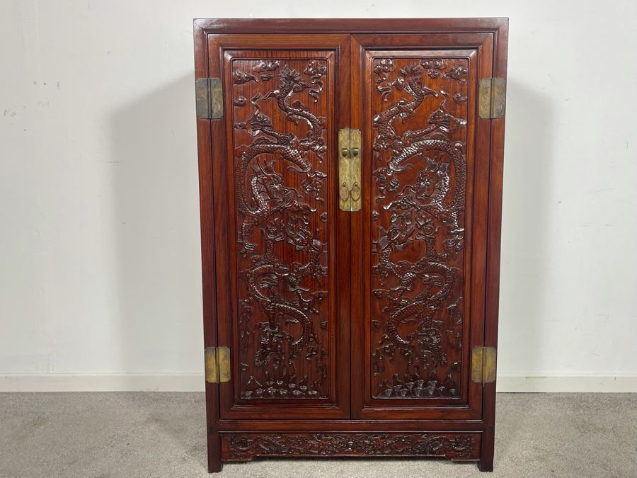 Impressive Chinese Relief Carved Dragon Motif Cabinet With Brass Hardware And Three Internal Shelves 25.5W X 13.5D X 39.5H [Photo 5]