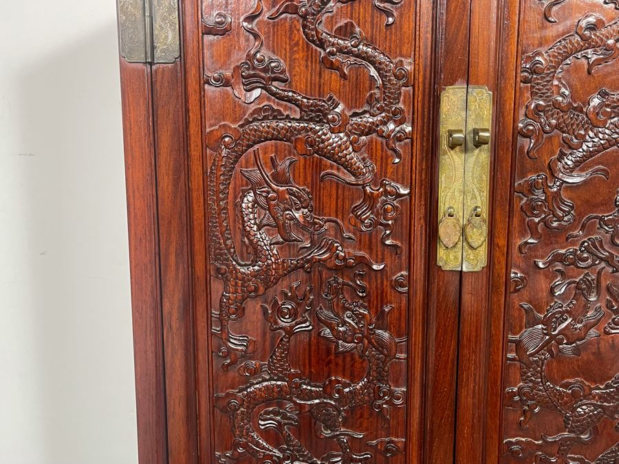 Impressive Chinese Relief Carved Dragon Motif Cabinet With Brass Hardware And Three Internal Shelves 25.5W X 13.5D X 39.5H [Photo 7]