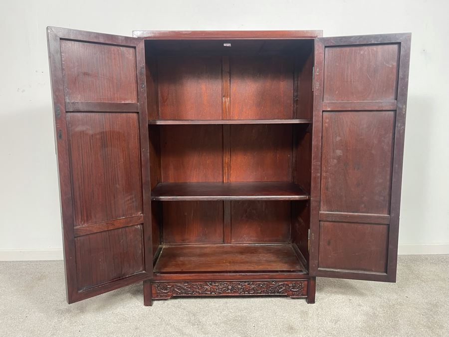 Impressive Chinese Relief Carved Dragon Motif Cabinet With Brass Hardware And Three Internal Shelves 25.5W X 13.5D X 39.5H [Photo 17]