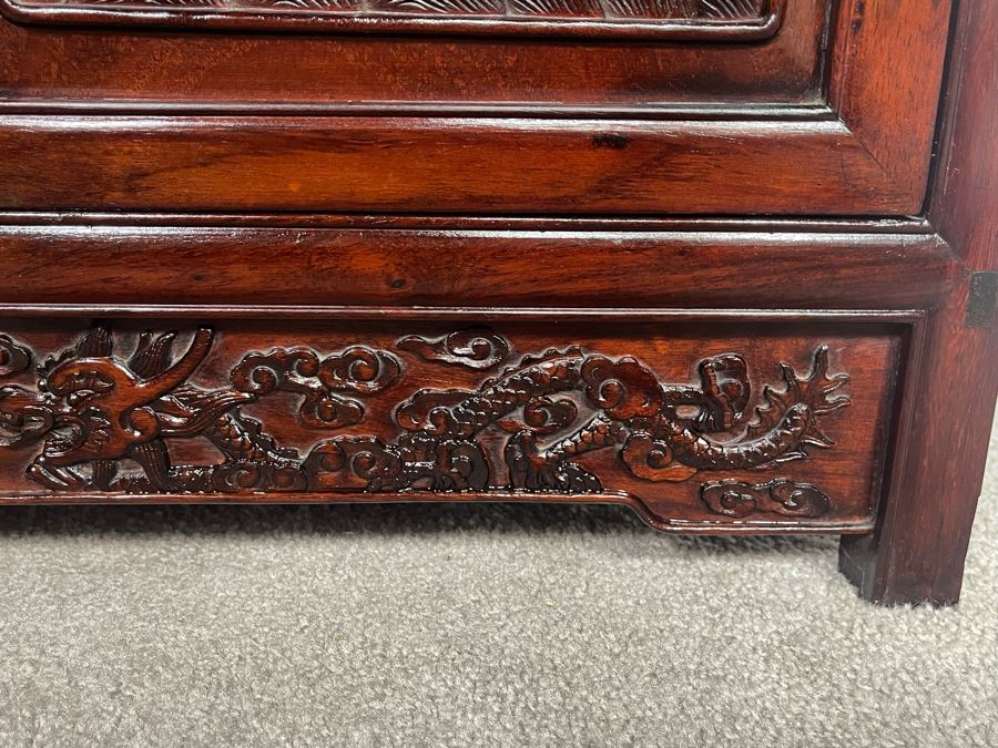 Impressive Chinese Relief Carved Dragon Motif Cabinet With Brass Hardware And Three Internal Shelves 25.5W X 13.5D X 39.5H [Photo 13]