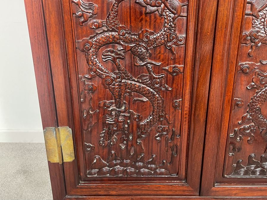 Impressive Chinese Relief Carved Dragon Motif Cabinet With Brass Hardware And Three Internal Shelves 25.5W X 13.5D X 39.5H [Photo 9]