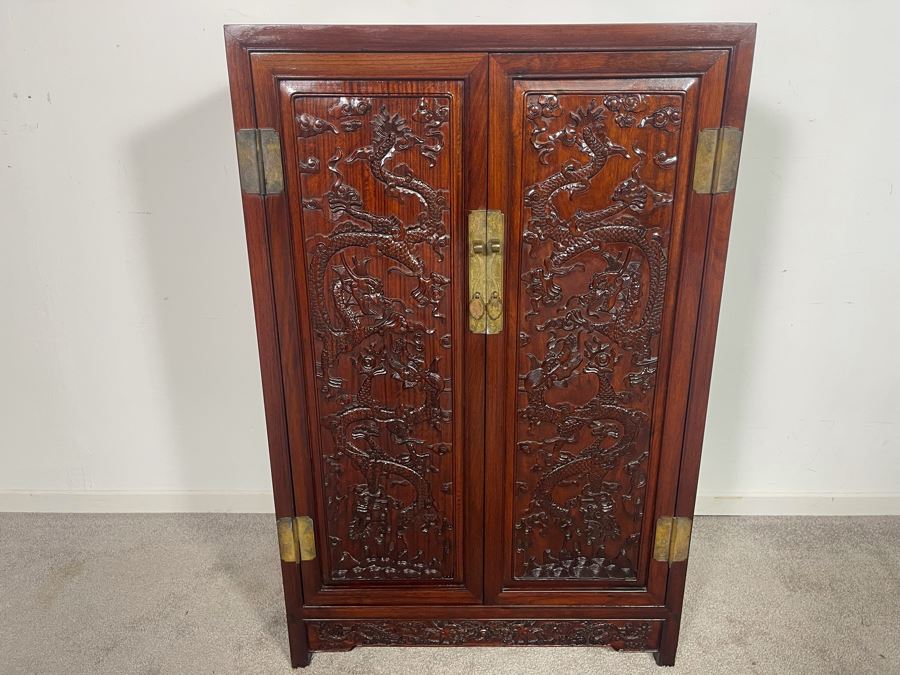 Impressive Chinese Relief Carved Dragon Motif Cabinet With Brass Hardware And Three Internal Shelves 25.5W X 13.5D X 39.5H