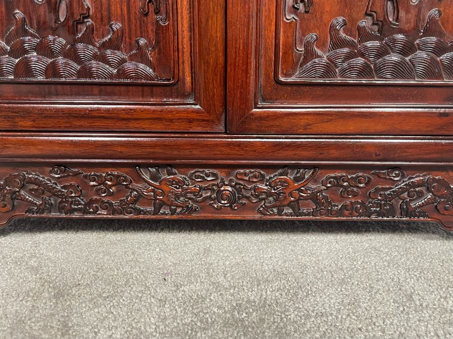 Impressive Chinese Relief Carved Dragon Motif Cabinet With Brass Hardware And Three Internal Shelves 25.5W X 13.5D X 39.5H [Photo 14]