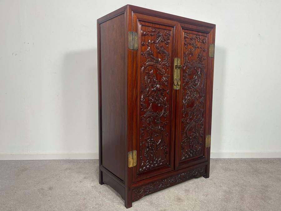 Impressive Chinese Relief Carved Dragon Motif Cabinet With Brass Hardware And Three Internal Shelves 25.5W X 13.5D X 39.5H [Photo 2]