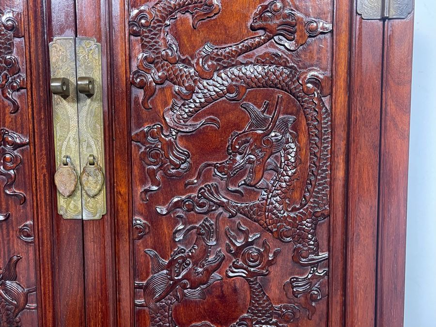 Impressive Chinese Relief Carved Dragon Motif Cabinet With Brass Hardware And Three Internal Shelves 25.5W X 13.5D X 39.5H [Photo 10]