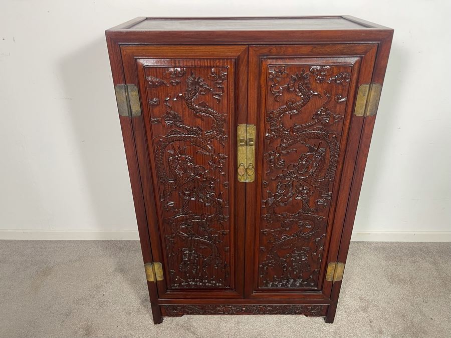 Impressive Chinese Relief Carved Dragon Motif Cabinet With Brass Hardware And Three Internal Shelves 25.5W X 13.5D X 39.5H [Photo 4]