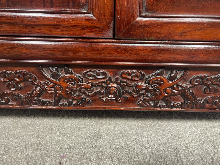 Impressive Chinese Relief Carved Dragon Motif Cabinet With Brass Hardware And Three Internal Shelves 25.5W X 13.5D X 39.5H [Photo 15]