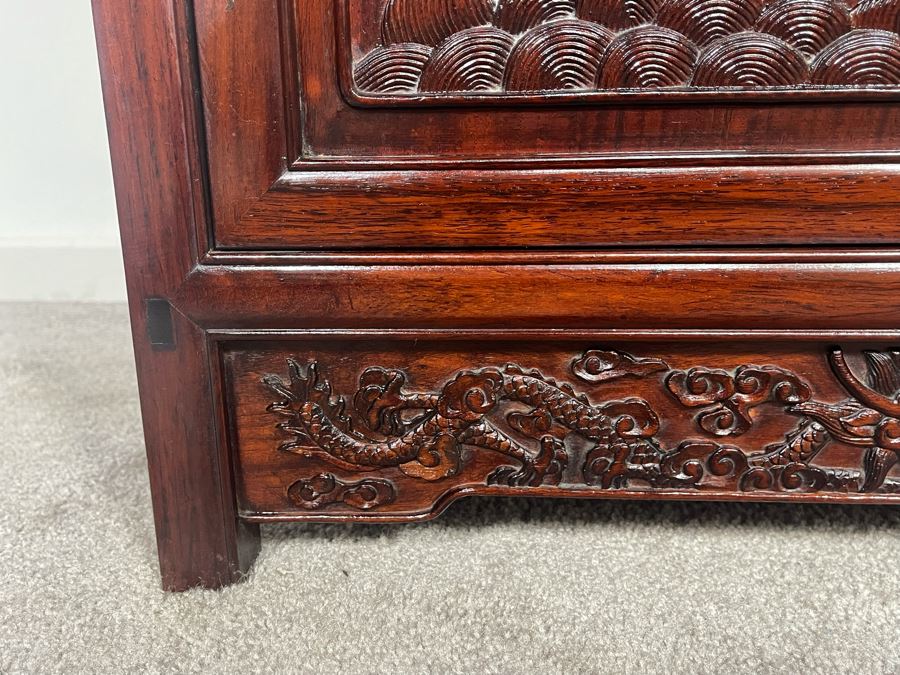 Impressive Chinese Relief Carved Dragon Motif Cabinet With Brass Hardware And Three Internal Shelves 25.5W X 13.5D X 39.5H [Photo 16]