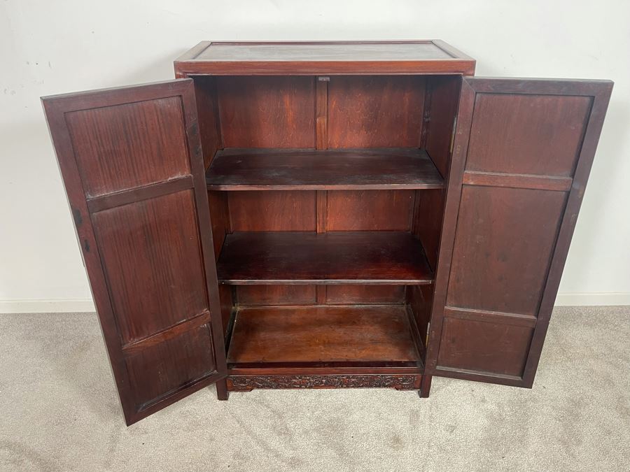 Impressive Chinese Relief Carved Dragon Motif Cabinet With Brass Hardware And Three Internal Shelves 25.5W X 13.5D X 39.5H [Photo 18]