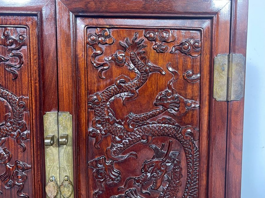 Impressive Chinese Relief Carved Dragon Motif Cabinet With Brass Hardware And Three Internal Shelves 25.5W X 13.5D X 39.5H [Photo 11]