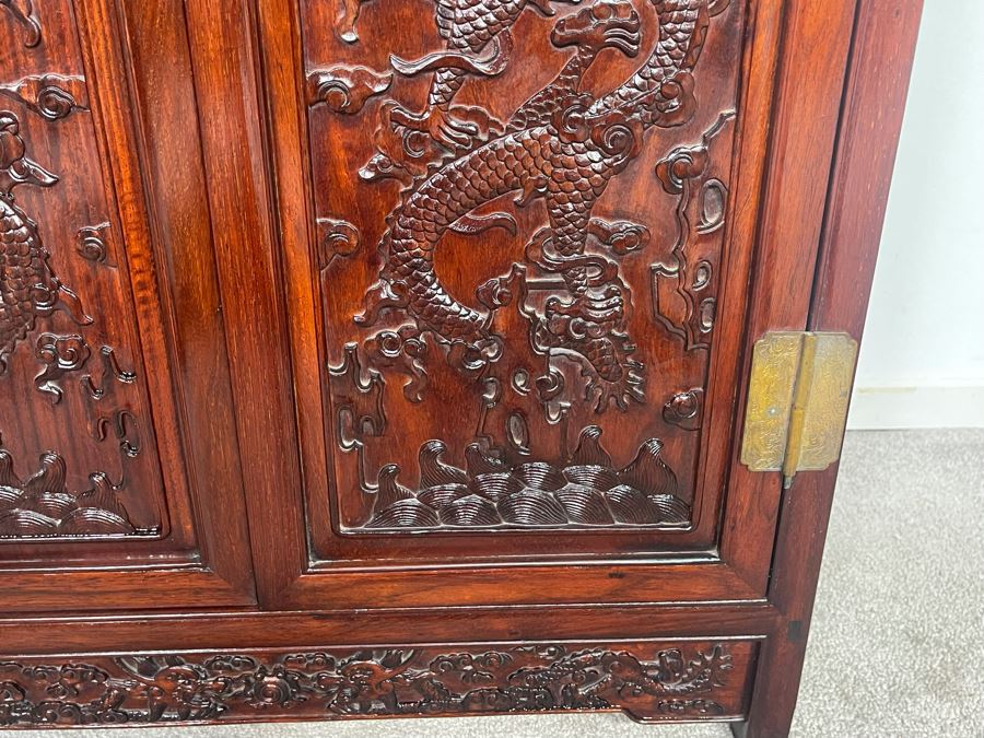 Impressive Chinese Relief Carved Dragon Motif Cabinet With Brass Hardware And Three Internal Shelves 25.5W X 13.5D X 39.5H [Photo 12]
