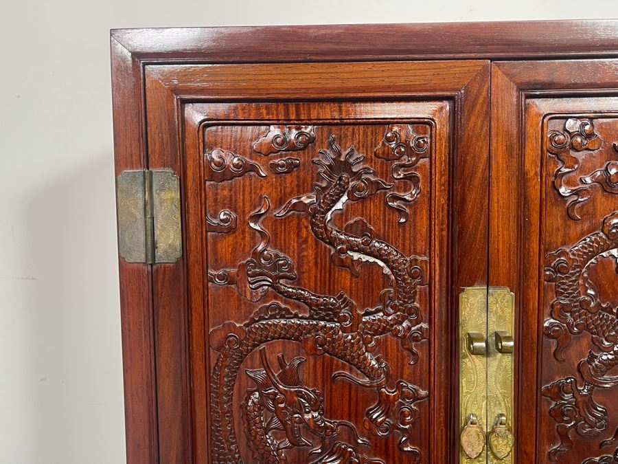 Impressive Chinese Relief Carved Dragon Motif Cabinet With Brass Hardware And Three Internal Shelves 25.5W X 13.5D X 39.5H [Photo 8]