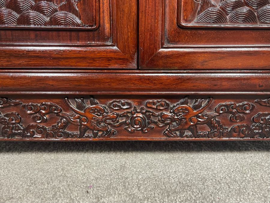 Impressive Chinese Relief Carved Dragon Motif Cabinet With Brass Hardware And Three Internal Shelves 25.5W X 13.5D X 39.5H [Photo 6]