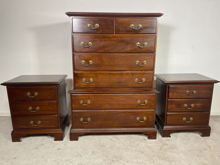 Mahagony Chest Of Drawers 7-Drawer Dresser 38W X 18D X 53H With Matching Pair Of Nightstands 23W X 16D X 26H [Photo 2]