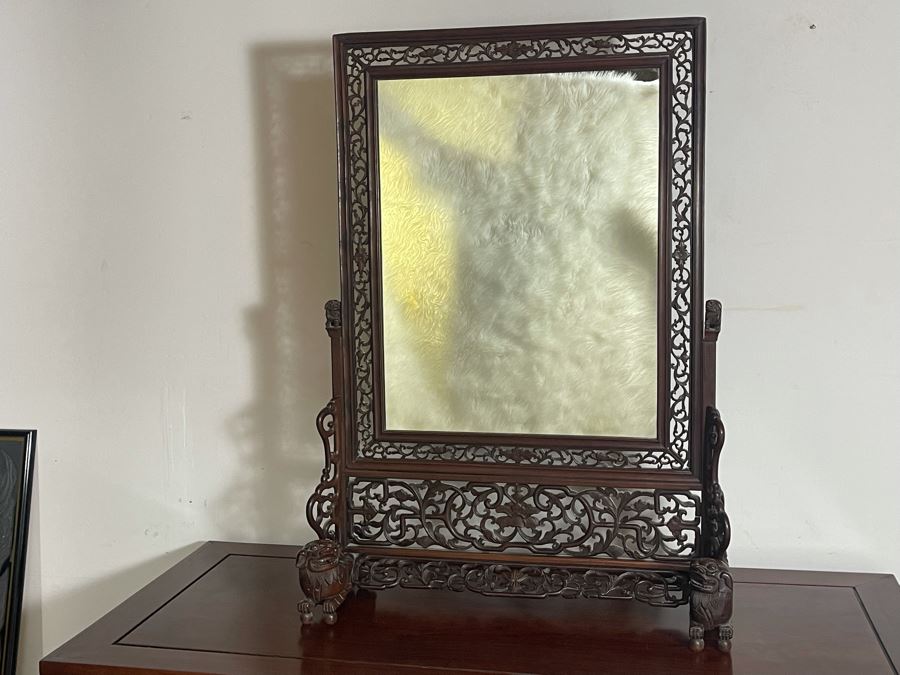 Outstanding Vintage Chinese Freestanding Intricately Carved Rosewood Mirror Flanked By Carved Foo Dogs - 31W X 12D X 43H - Must See In Person [Photo 5]