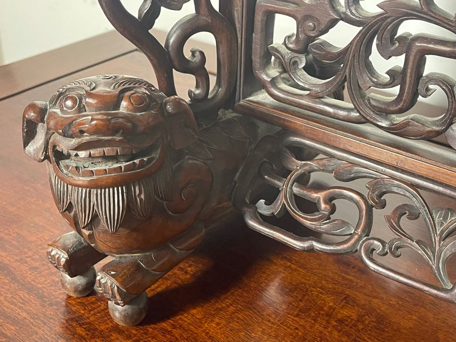 Outstanding Vintage Chinese Freestanding Intricately Carved Rosewood Mirror Flanked By Carved Foo Dogs - 31W X 12D X 43H - Must See In Person [Photo 15]