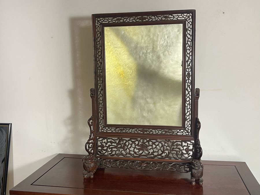 Outstanding Vintage Chinese Freestanding Intricately Carved Rosewood Mirror Flanked By Carved Foo Dogs - 31W X 12D X 43H - Must See In Person [Photo 10]