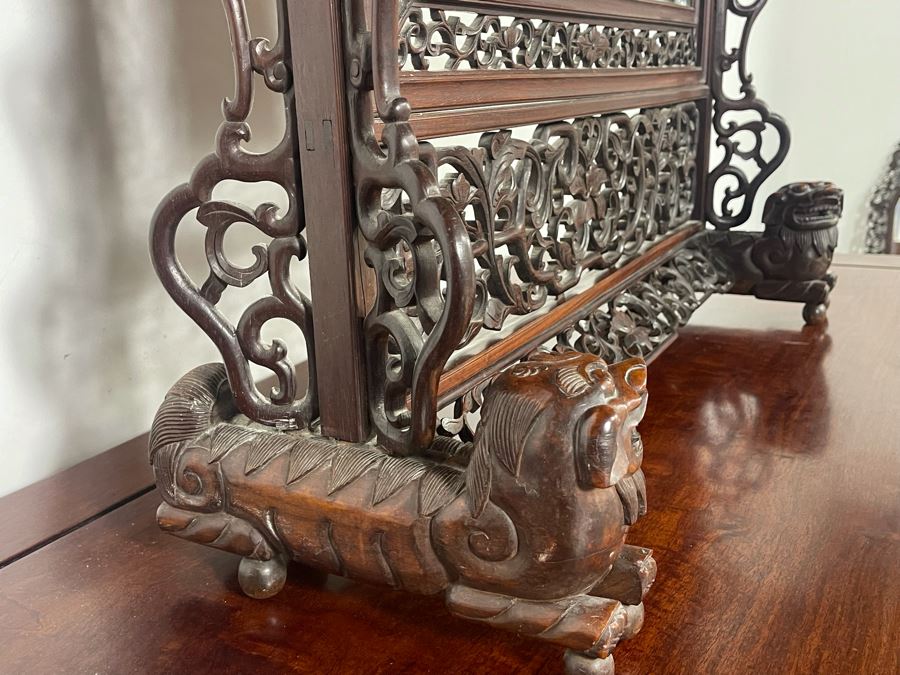 Outstanding Vintage Chinese Freestanding Intricately Carved Rosewood Mirror Flanked By Carved Foo Dogs - 31W X 12D X 43H - Must See In Person [Photo 22]