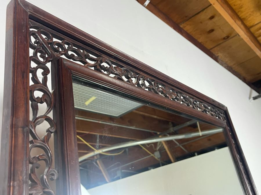 Outstanding Vintage Chinese Freestanding Intricately Carved Rosewood Mirror Flanked By Carved Foo Dogs - 31W X 12D X 43H - Must See In Person [Photo 26]