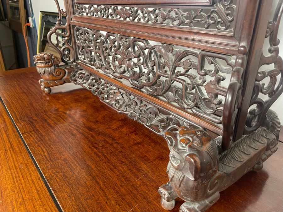 Outstanding Vintage Chinese Freestanding Intricately Carved Rosewood Mirror Flanked By Carved Foo Dogs - 31W X 12D X 43H - Must See In Person [Photo 14]