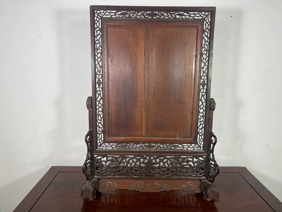 Outstanding Vintage Chinese Freestanding Intricately Carved Rosewood Mirror Flanked By Carved Foo Dogs - 31W X 12D X 43H - Must See In Person [Photo 31]