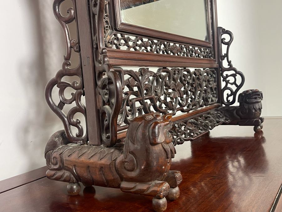 Outstanding Vintage Chinese Freestanding Intricately Carved Rosewood Mirror Flanked By Carved Foo Dogs - 31W X 12D X 43H - Must See In Person [Photo 24]