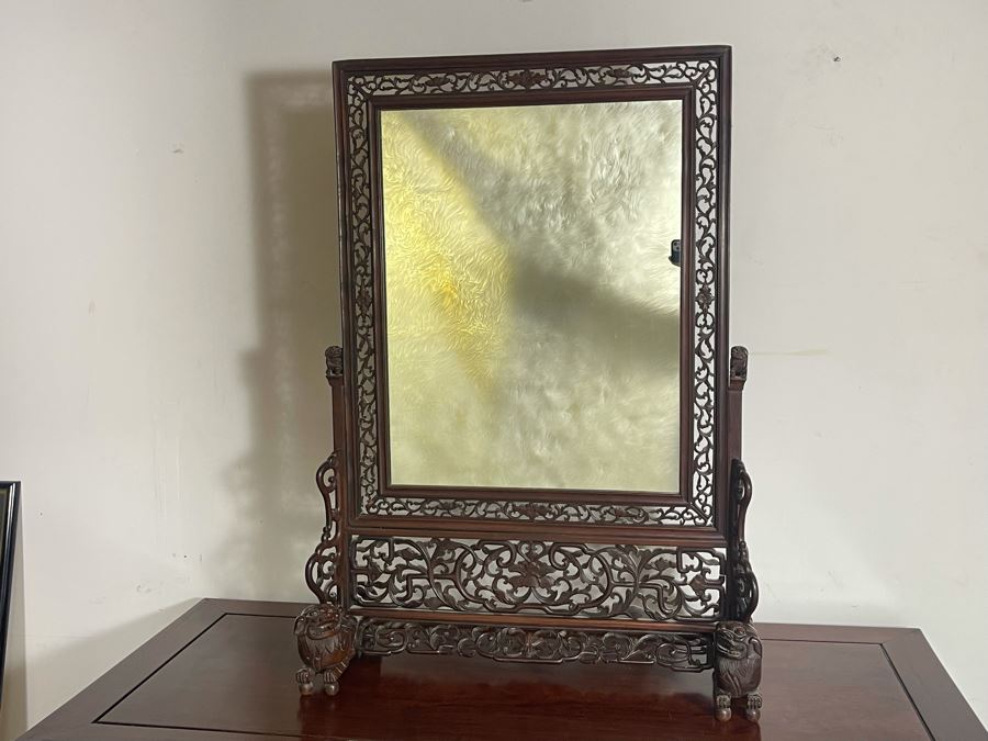 Outstanding Vintage Chinese Freestanding Intricately Carved Rosewood Mirror Flanked By Carved Foo Dogs - 31W X 12D X 43H - Must See In Person [Photo 11]