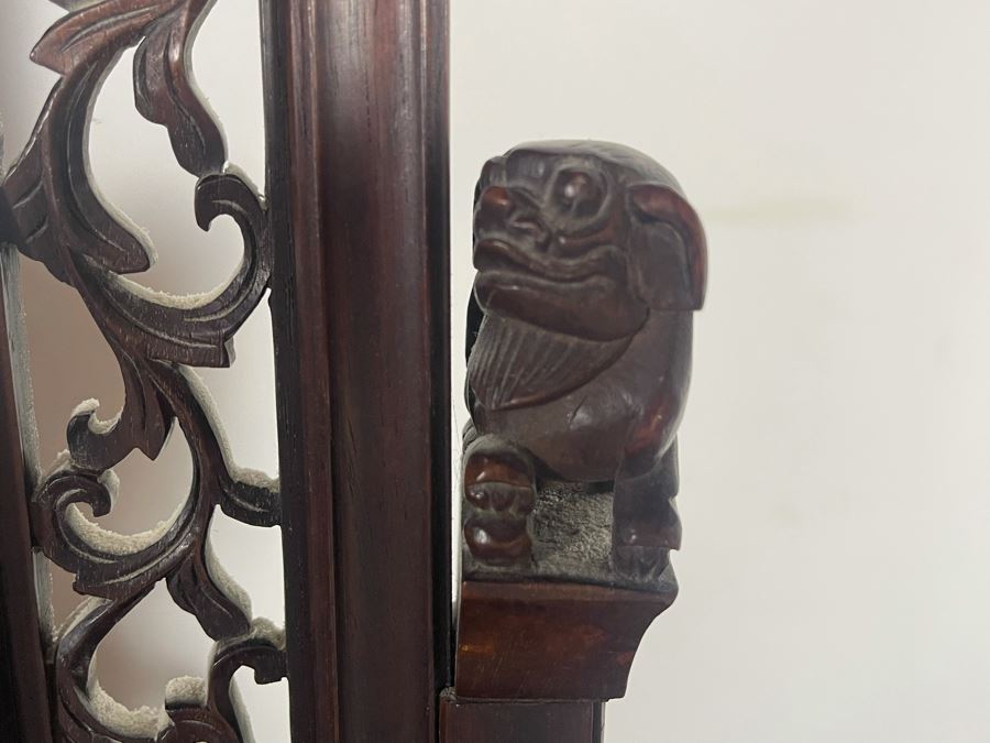 Outstanding Vintage Chinese Freestanding Intricately Carved Rosewood Mirror Flanked By Carved Foo Dogs - 31W X 12D X 43H - Must See In Person [Photo 19]