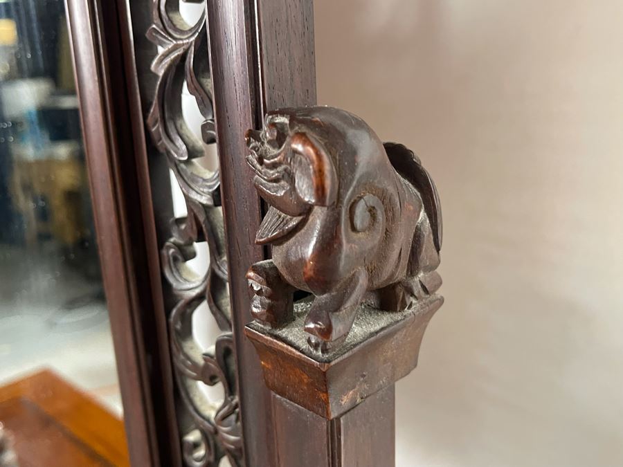 Outstanding Vintage Chinese Freestanding Intricately Carved Rosewood Mirror Flanked By Carved Foo Dogs - 31W X 12D X 43H - Must See In Person [Photo 18]