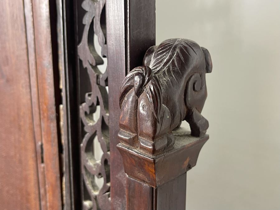 Outstanding Vintage Chinese Freestanding Intricately Carved Rosewood Mirror Flanked By Carved Foo Dogs - 31W X 12D X 43H - Must See In Person [Photo 34]