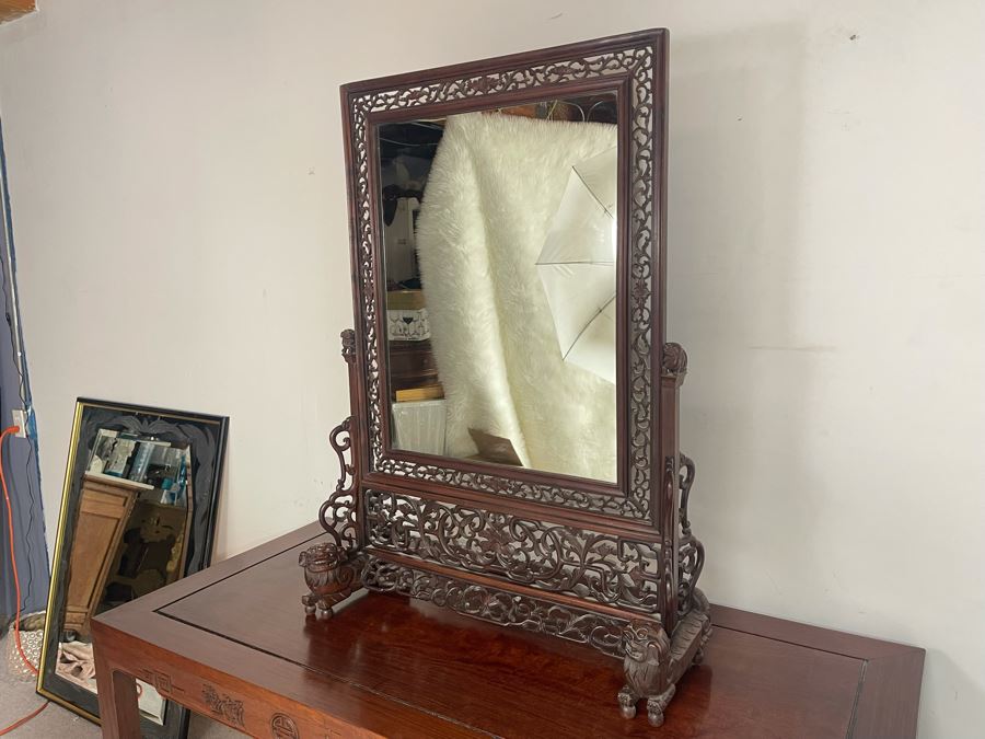Outstanding Vintage Chinese Freestanding Intricately Carved Rosewood Mirror Flanked By Carved Foo Dogs - 31W X 12D X 43H - Must See In Person [Photo 12]