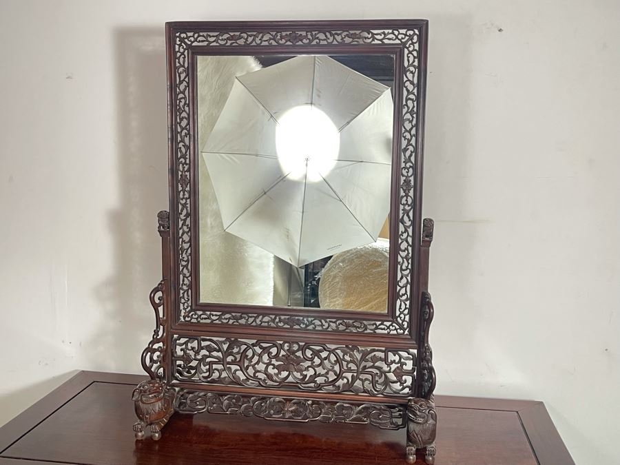 Outstanding Vintage Chinese Freestanding Intricately Carved Rosewood Mirror Flanked By Carved Foo Dogs - 31W X 12D X 43H - Must See In Person [Photo 4]
