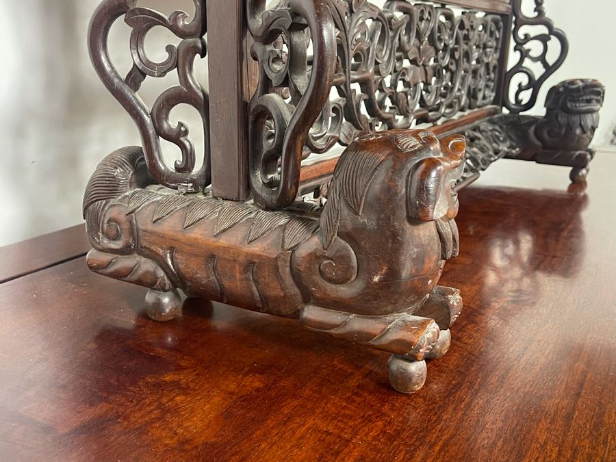 Outstanding Vintage Chinese Freestanding Intricately Carved Rosewood Mirror Flanked By Carved Foo Dogs - 31W X 12D X 43H - Must See In Person [Photo 20]