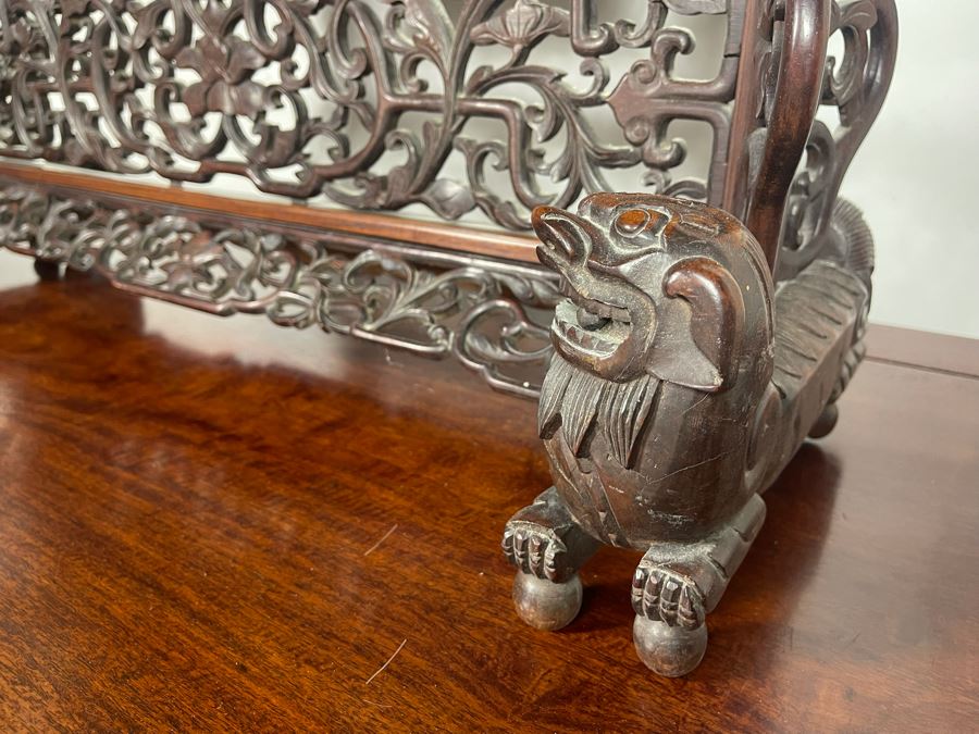 Outstanding Vintage Chinese Freestanding Intricately Carved Rosewood Mirror Flanked By Carved Foo Dogs - 31W X 12D X 43H - Must See In Person [Photo 13]