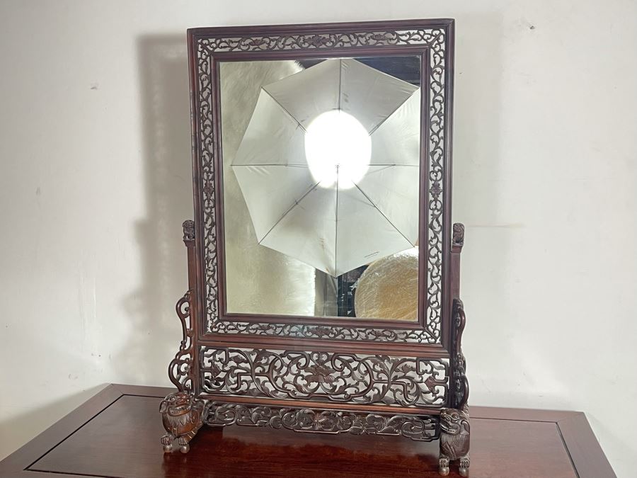 Outstanding Vintage Chinese Freestanding Intricately Carved Rosewood Mirror Flanked By Carved Foo Dogs - 31W X 12D X 43H - Must See In Person [Photo 2]