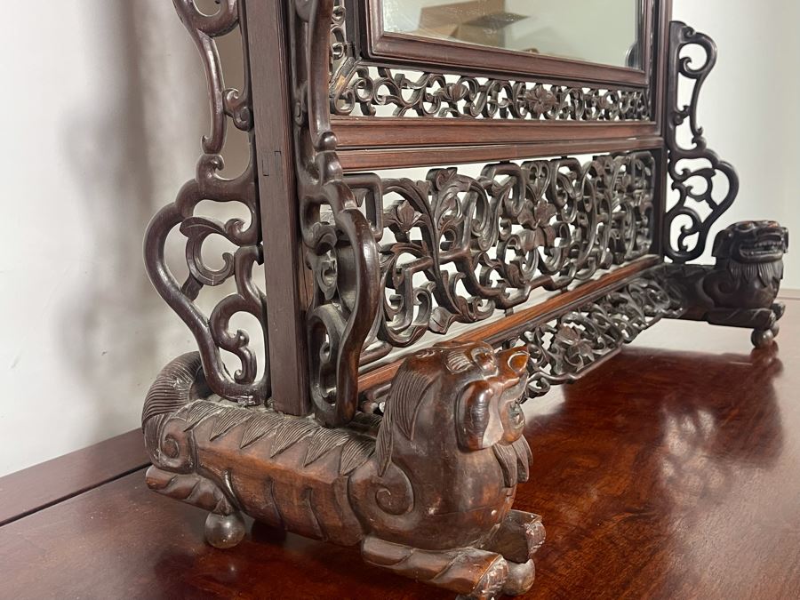 Outstanding Vintage Chinese Freestanding Intricately Carved Rosewood Mirror Flanked By Carved Foo Dogs - 31W X 12D X 43H - Must See In Person [Photo 23]