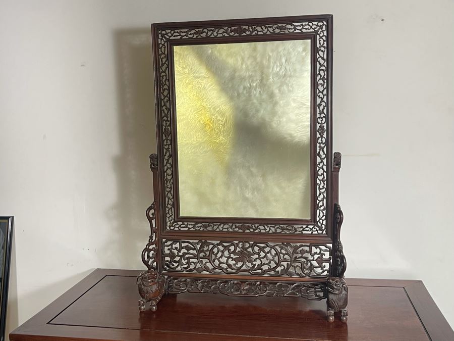Outstanding Vintage Chinese Freestanding Intricately Carved Rosewood Mirror Flanked By Carved Foo Dogs - 31W X 12D X 43H - Must See In Person [Photo 8]