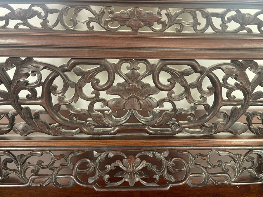 Outstanding Vintage Chinese Freestanding Intricately Carved Rosewood Mirror Flanked By Carved Foo Dogs - 31W X 12D X 43H - Must See In Person [Photo 16]